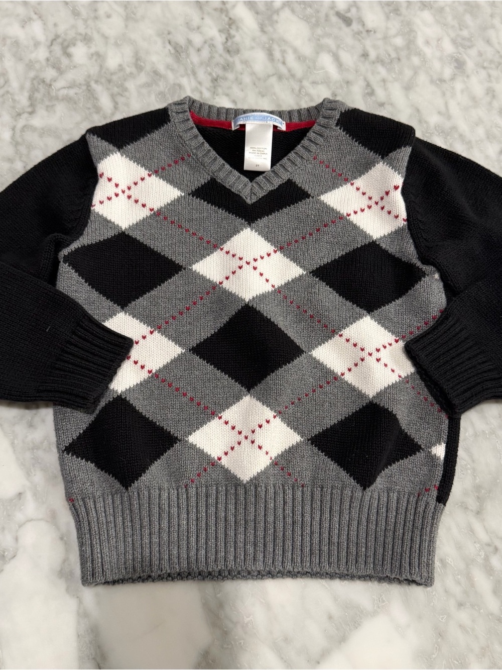 Janie and Jack 2T V-Neck Argyle Sweater Vest - Gray/Black/White with Red Accents